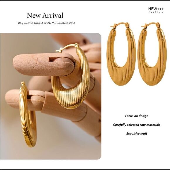 #27 New Gold Textured Long Oval Hoops - Picture 7 of 11